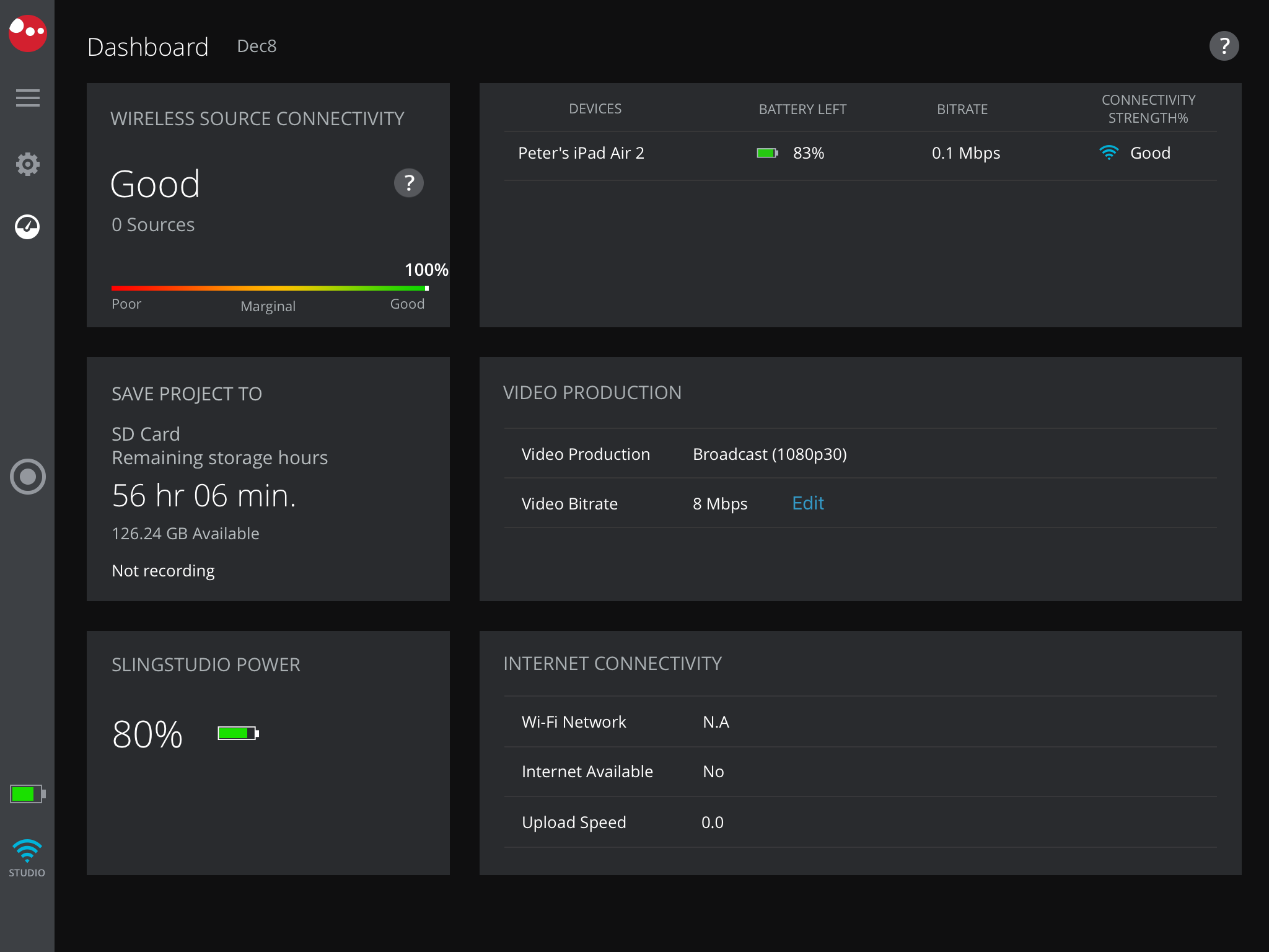 Screenshot of the SlingStudio Capture app Dashboard