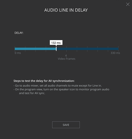 SlingStudio Console app Audio Line-In Delay dialog box