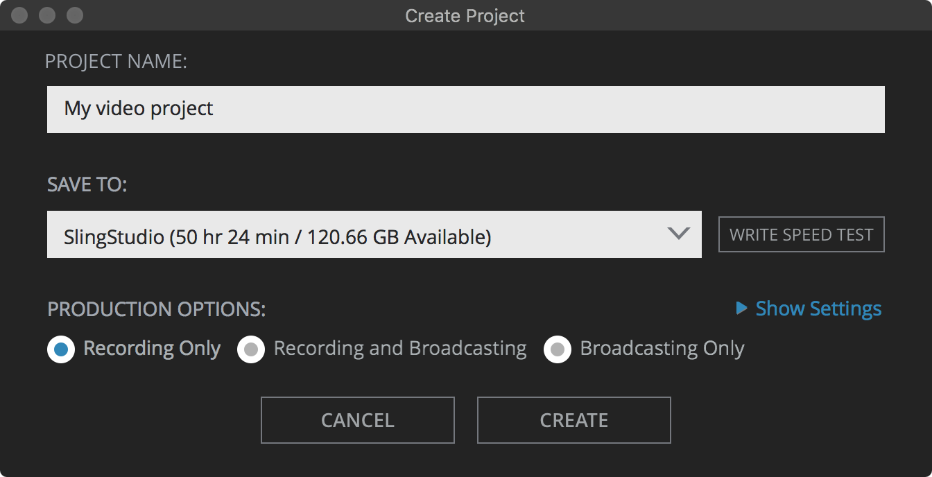 SlingStudio Console for Mac Create Project dialog box