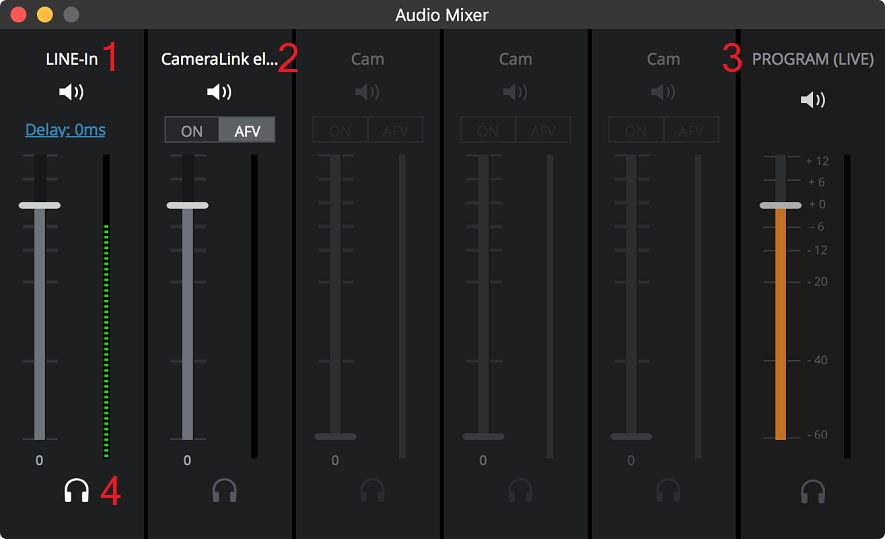 SlingStudio Console for Mac Audio Mixer feature with numbers for annotations