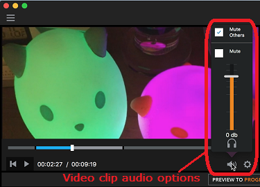 Screen shot of SlingStudio Console for Mac video clip audio options
